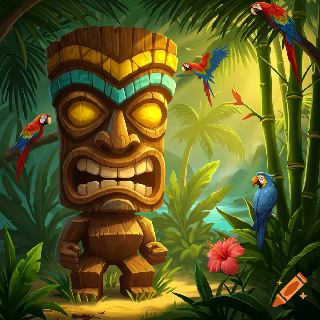 Vibrant cartoon illustration of a wooden tiki statue in a tropical jungle, surrounded by colorful parrots and lush plants.