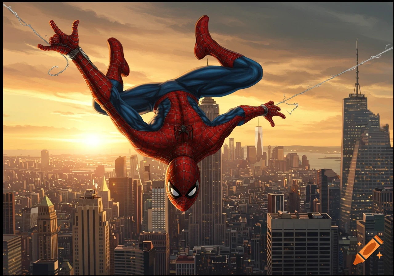 Spider-Man swings upside down through a city skyline at sunset, ready to shoot a web.