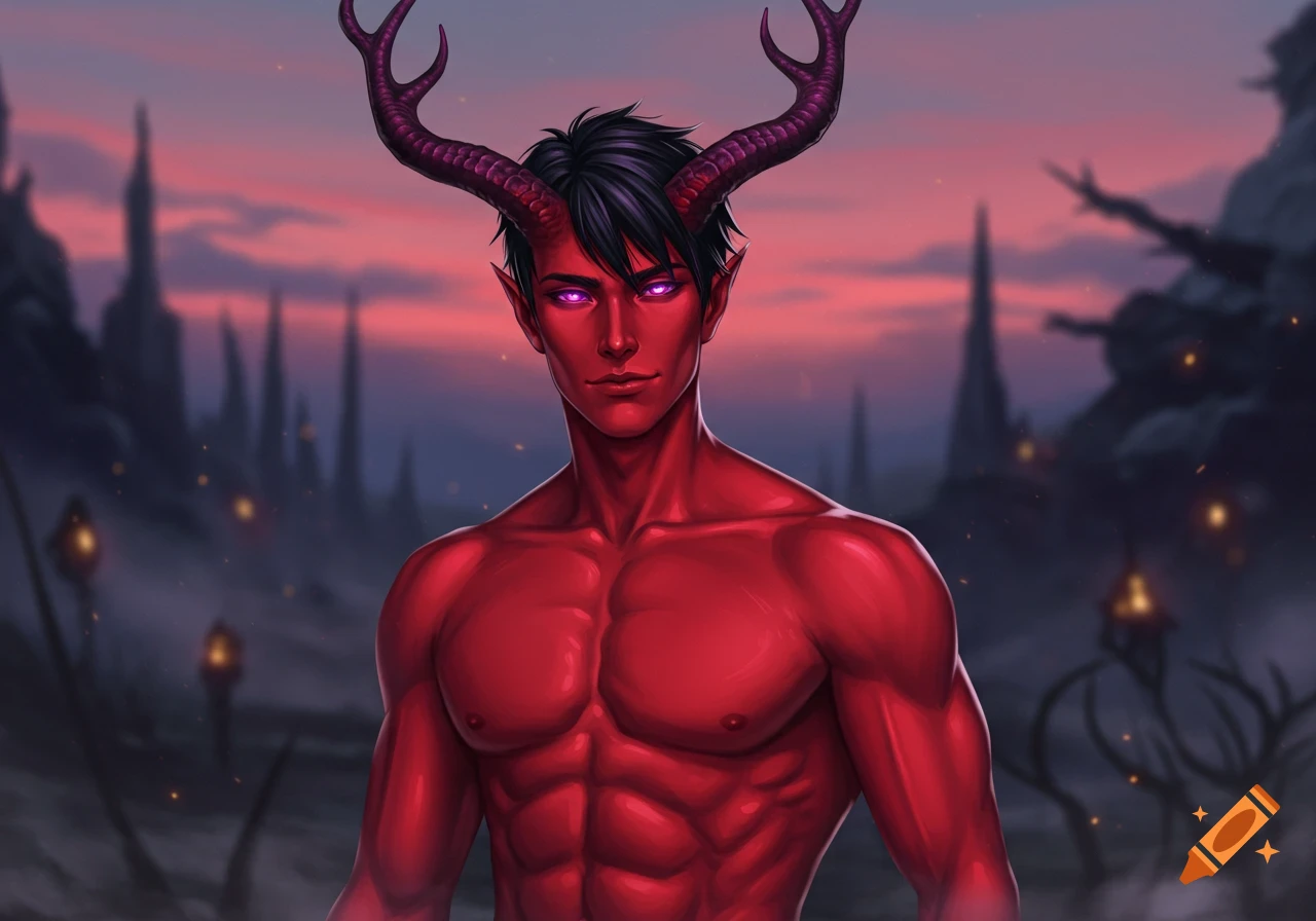 A muscular red-skinned demon man with purple glowing eyes and antlers, black hair, in an anime style.