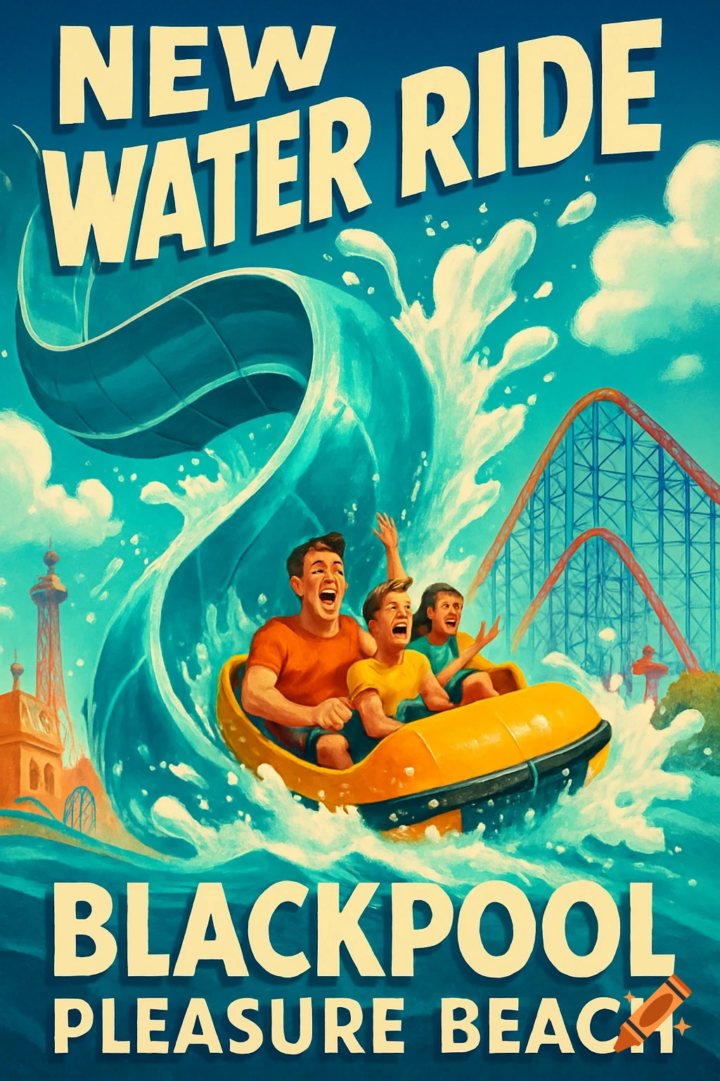 A vintage-style poster shows three people on a yellow raft going down a water slide, with text "NEW WATER RIDE BLACKPOOL PLEASURE BEACH" above and below.