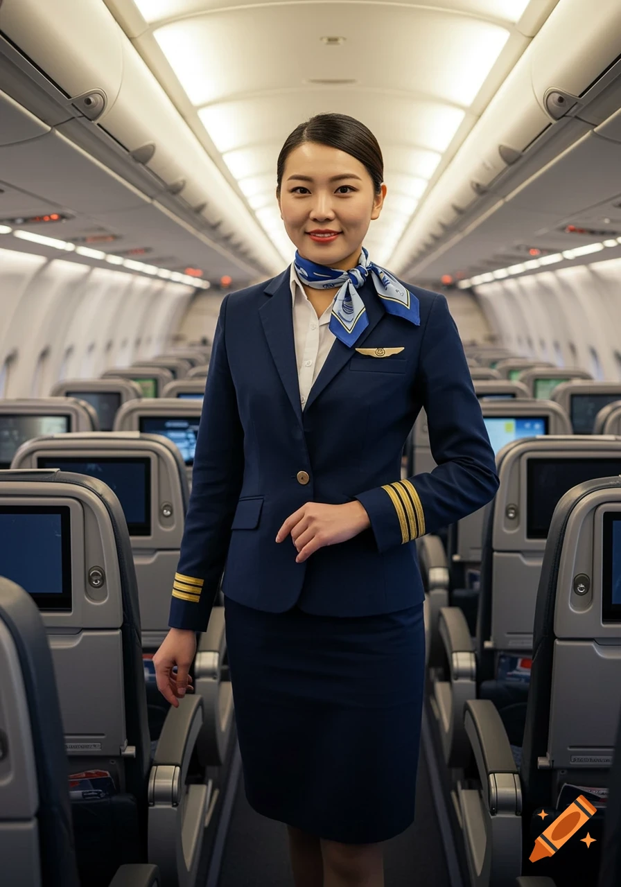 A smiling flight attendant in a blue uniform and scarf stands in an airplane aisle.
