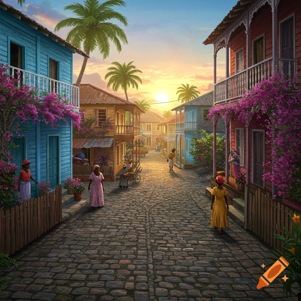Vibrant illustration of a tropical village street at sunset, featuring colorful gingerbread houses, cobblestones, blooming bougainvillea, and people.