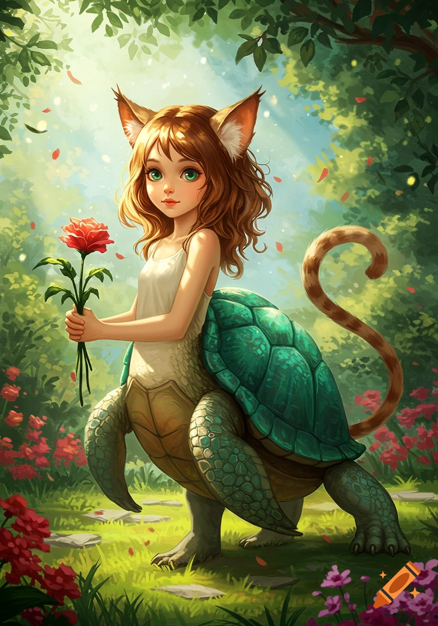 A fantasy girl with cat ears, a tail, and a turtle body holds a red rose in a lush, green forest.