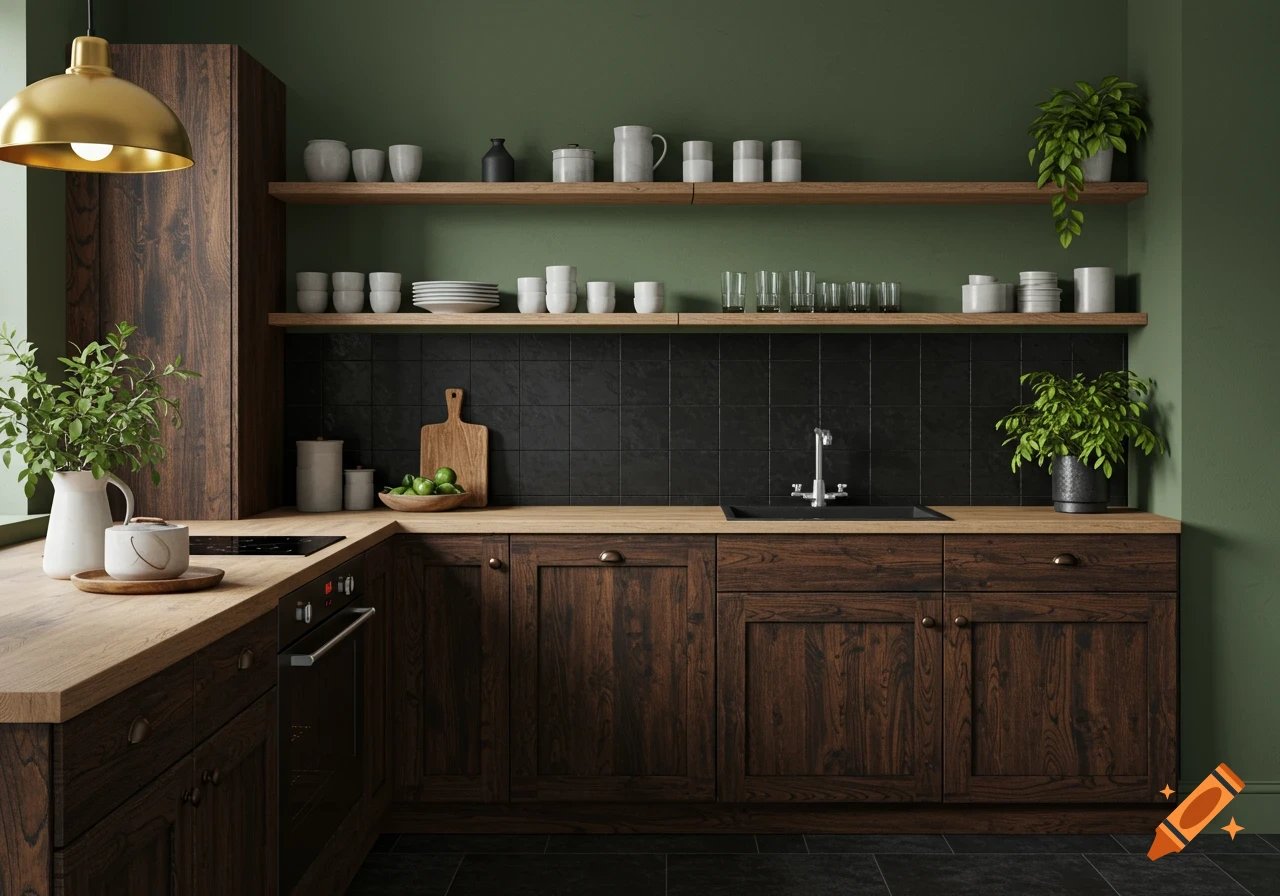 A modern kitchen with dark wood cabinets, light wood countertops, open shelving, green walls, and a black tile backsplash.