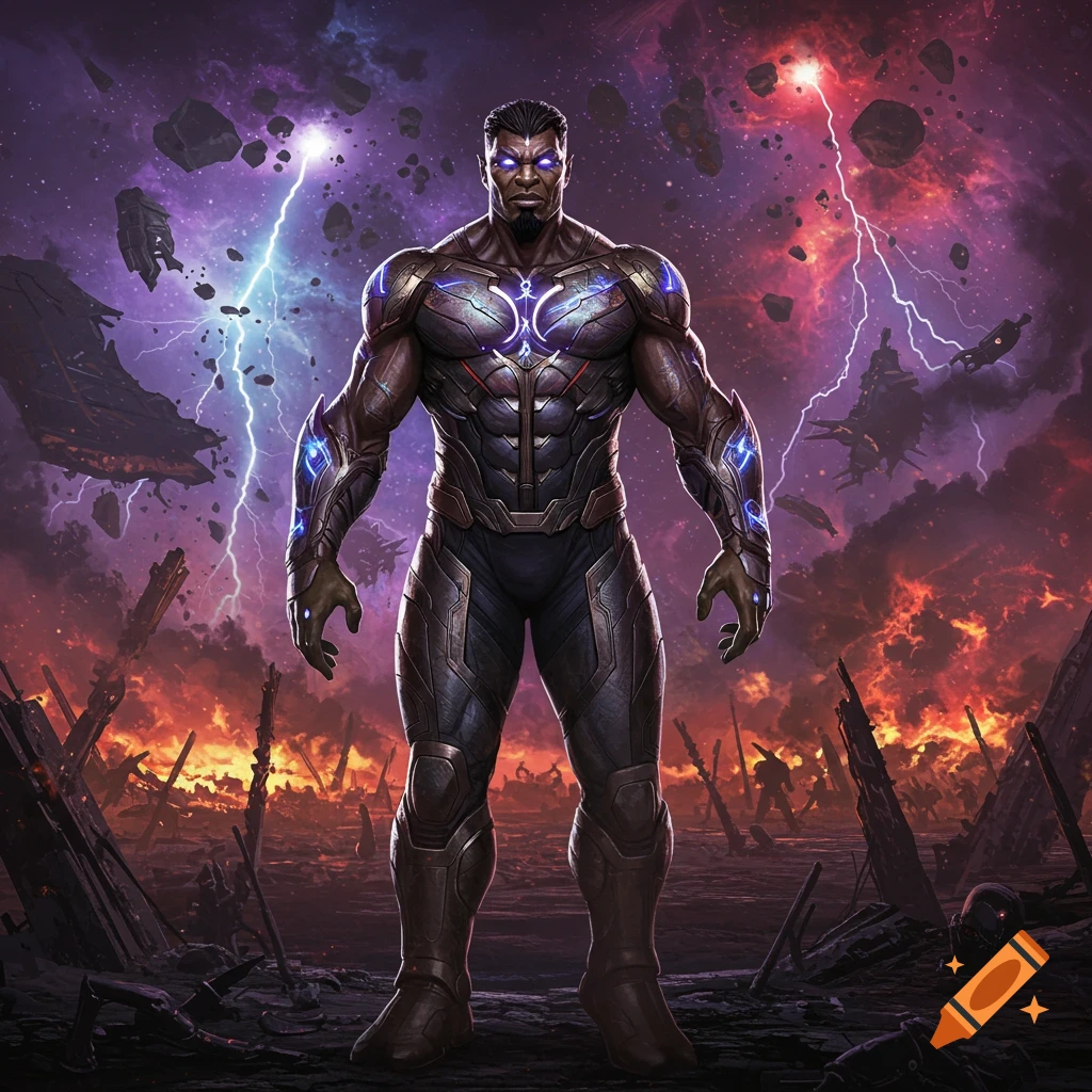 A powerful dark-skinned superhero in glowing armor stands on a desolate, fiery landscape under a cosmic sky with lightning.