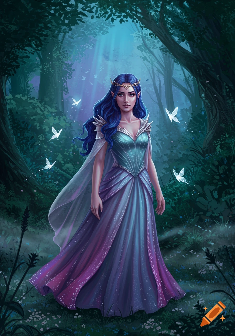 An illustration of a fantasy woman with long blue hair and a flowing iridescent dress standing in a dark, mystical forest with glowing white butterflies.