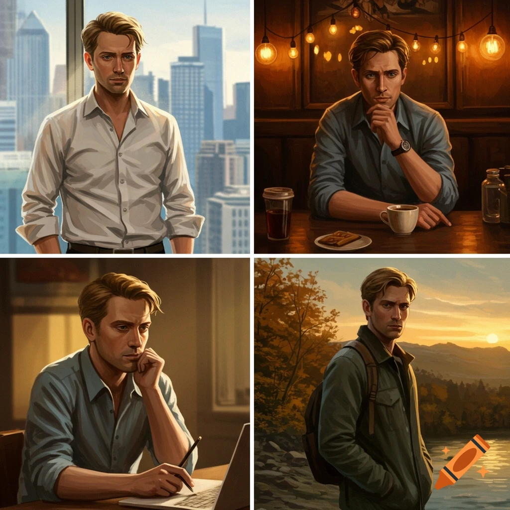 A four-panel digital painting of a man in various settings: city, coffee shop, working on a laptop, and outdoors by a lake at sunset.