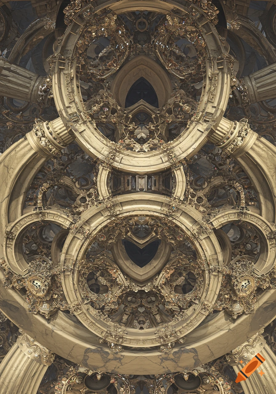An intricate, highly detailed golden fractal pattern resembling ornate classical architecture with arches, columns, and abstract shapes, rendered with symmetrical elements.