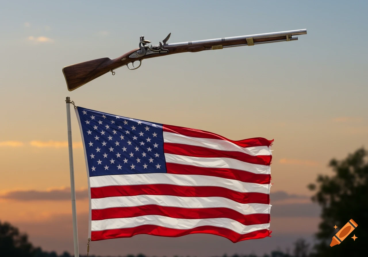 A vintage musket rifle hovering above a waving American flag against a sunset sky in a photorealistic style.