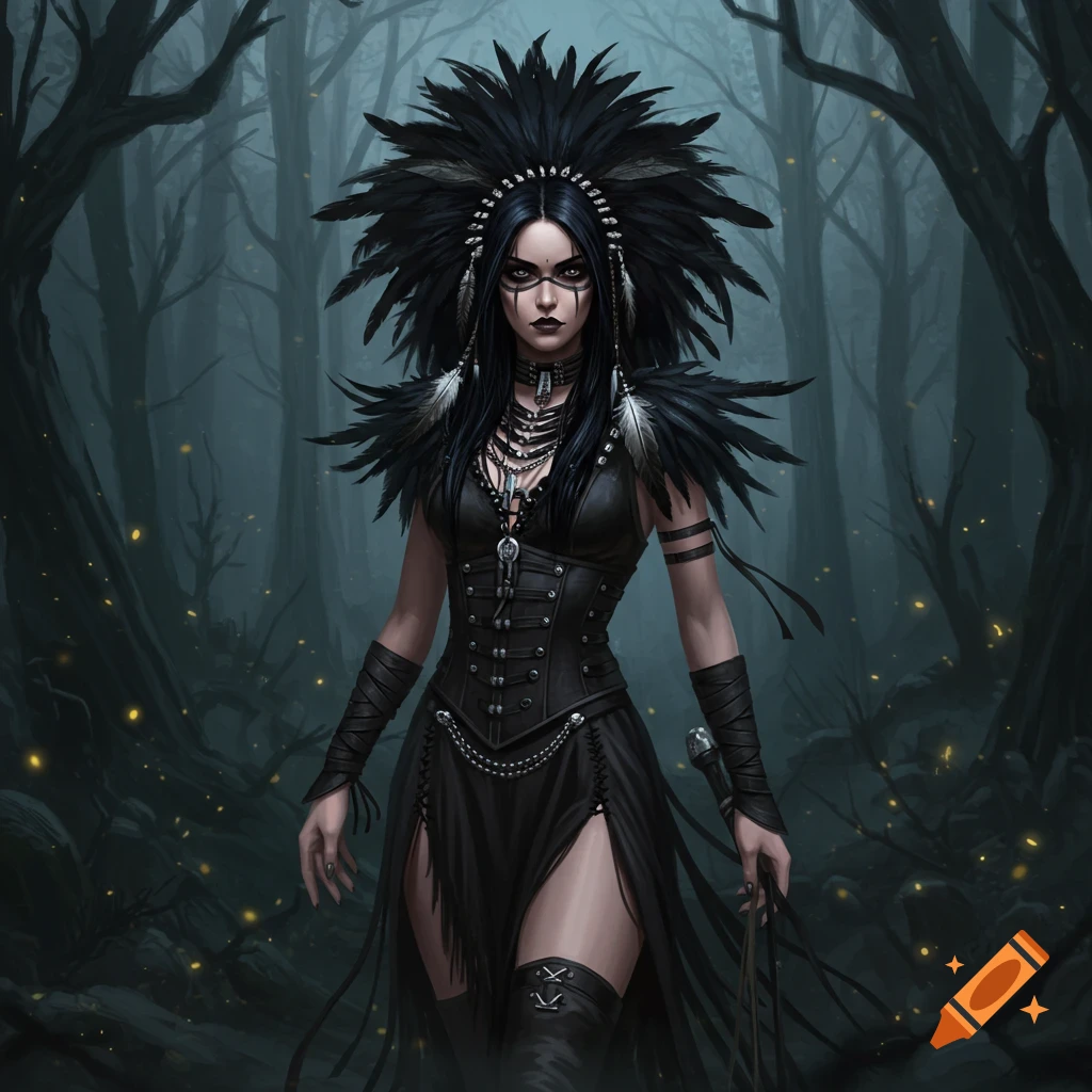 A fantasy woman warrior in a dark feather headpiece and black goth attire stands in a misty, dark forest.
