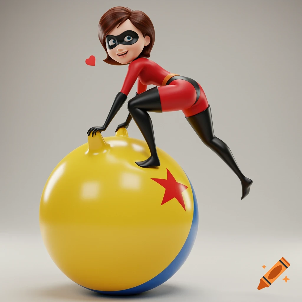 Elastigirl from The Incredibles in a red and black suit, squatting on a large yellow and blue Pixar ball, rendered in 3D.