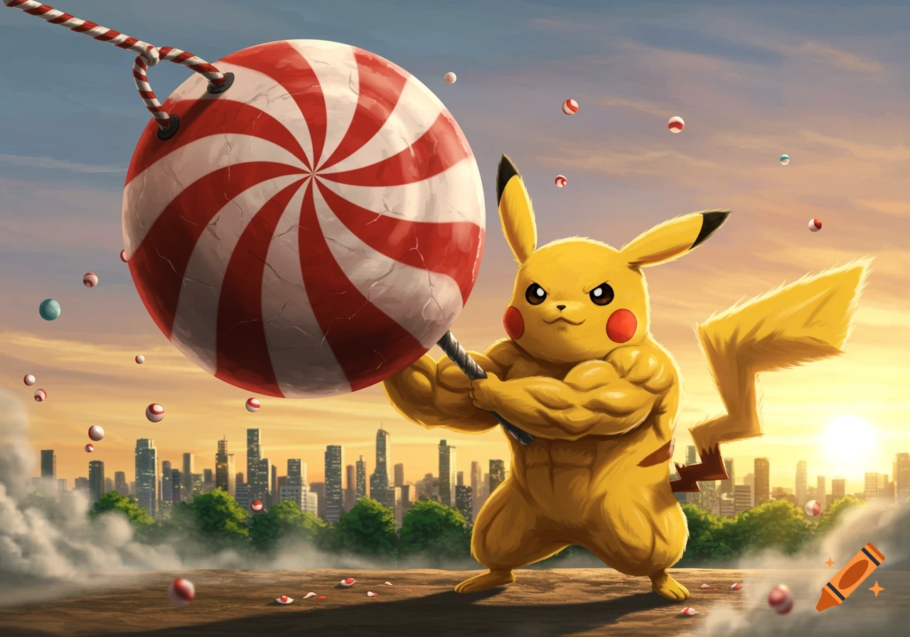 A buff Pikachu holds a giant striped peppermint candy wrecking ball above a city skyline at sunset.