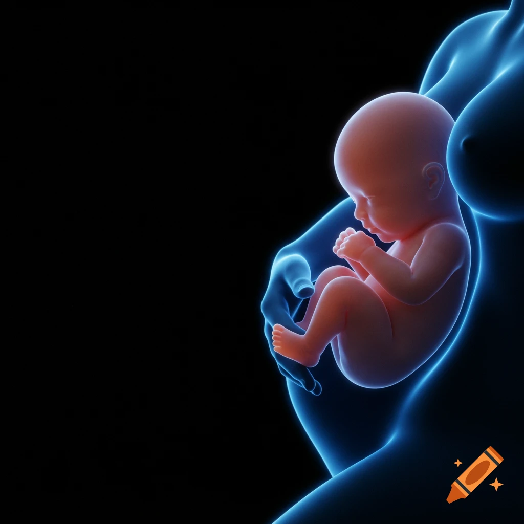A detailed rendering of a fetus curled within a glowing blue outline of a womb against a black background.