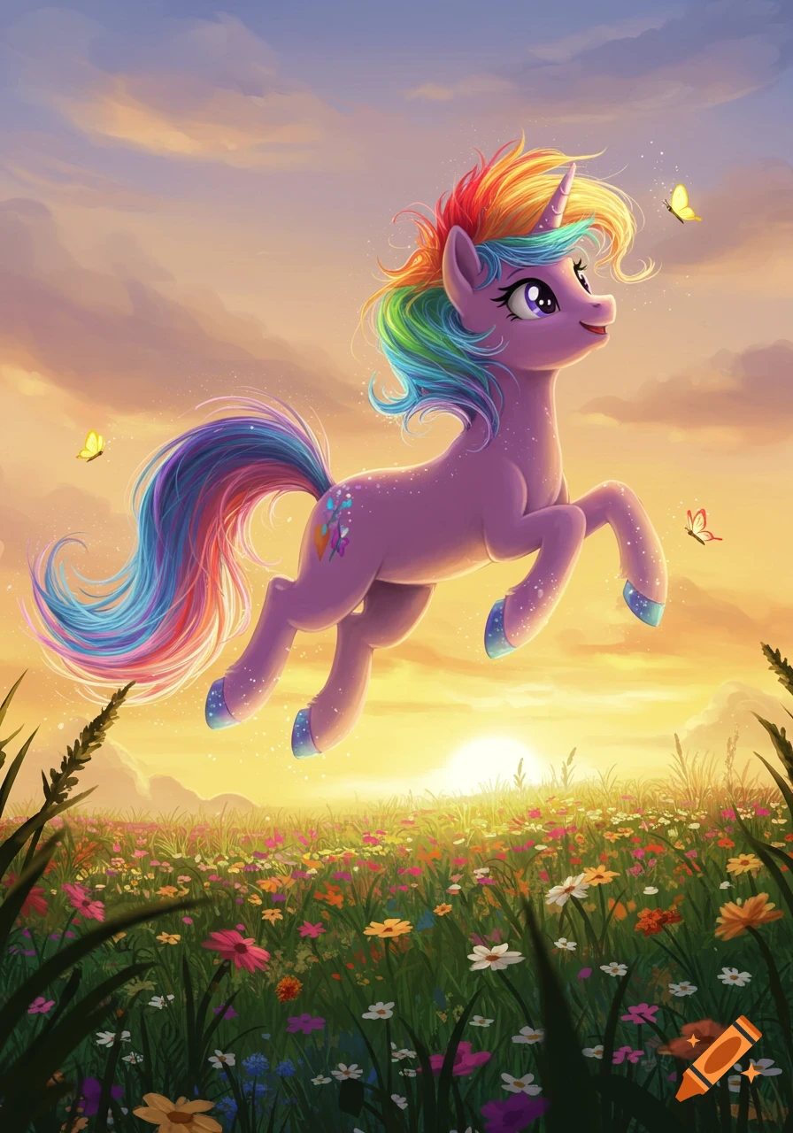 A lavender unicorn with a rainbow mane and tail leaps above a field of wildflowers under a bright sunset sky with butterflies.