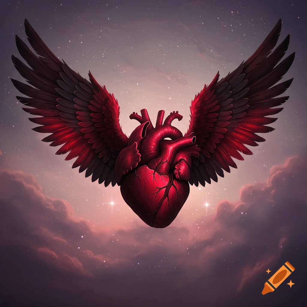 A vibrant red anatomical heart with large dark wings floats against a cosmic sky filled with stars and purple clouds.