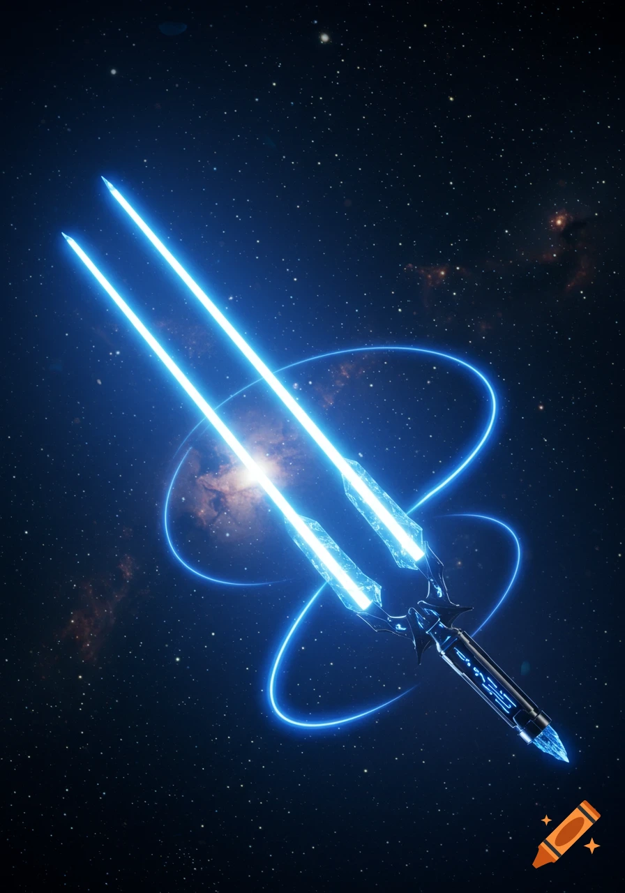 A double-bladed blue glowing crystal sword with a dark hilt featuring illuminated symbols, set against a backdrop of a starry galaxy.
