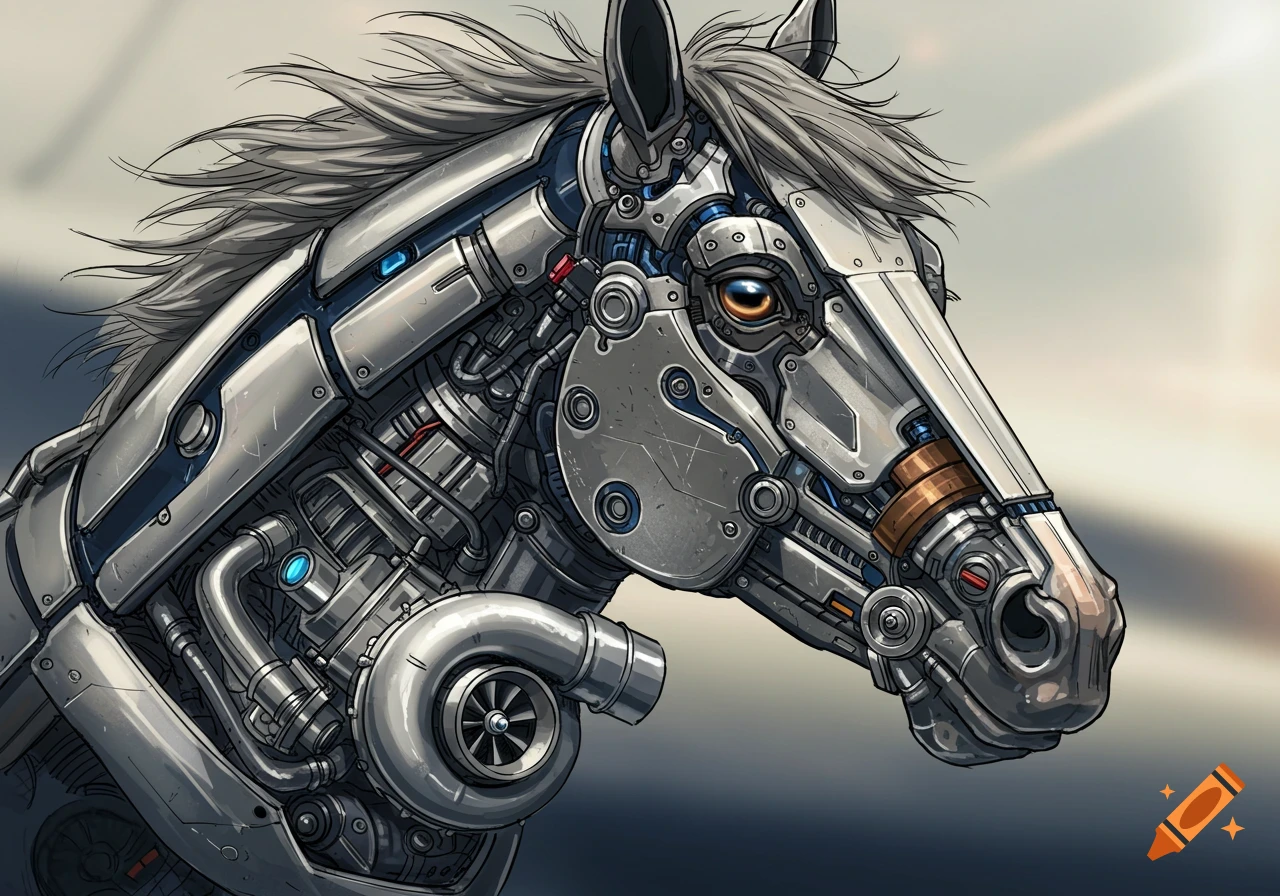 Close-up drawing of a horse's head and neck, intricately designed with metallic robot parts and a visible turbocharger.