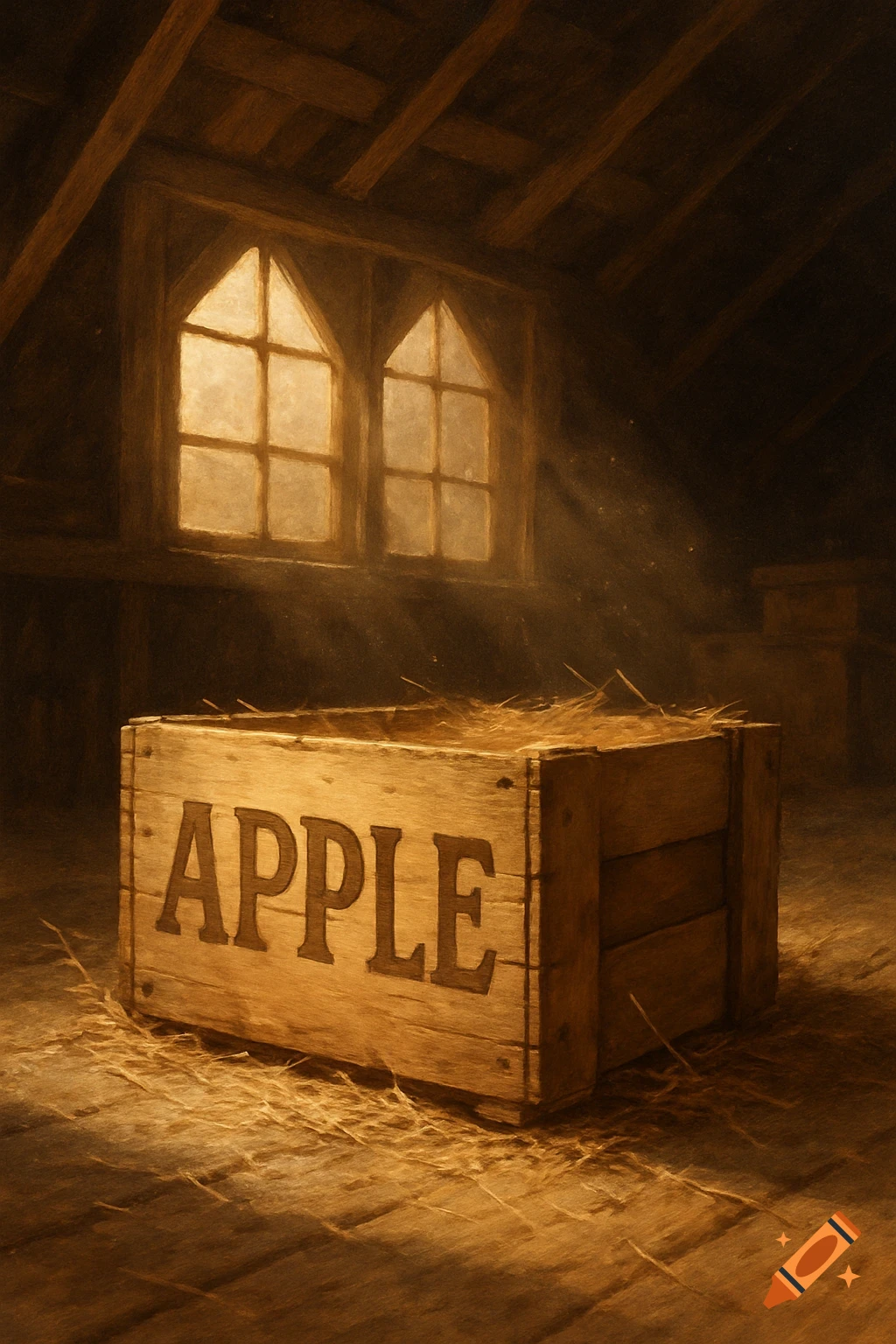 A wooden box labeled "APPLE" sits on a dusty floor in a dimly lit attic, with rays of light streaming through two arched windows.