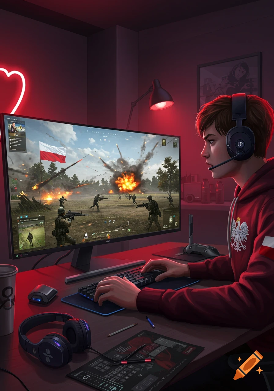 Digital illustration of a person in a red Polish hoodie playing a battlefield video game on a large monitor in a dimly lit room with red neon light.
