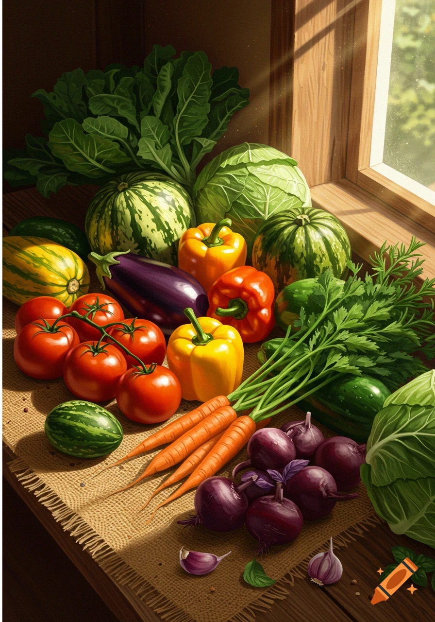 A vibrant still life of various fresh vegetables, including bell peppers, tomatoes, carrots, eggplant, and cabbage, on a burlap cloth by a window.