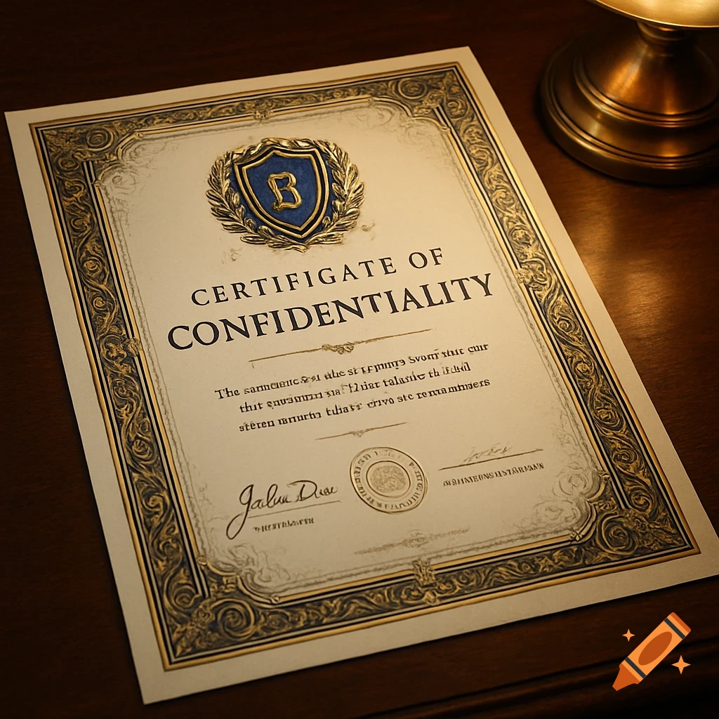 A close-up view of a "Certificate of Confidentiality" with ornate gold and blue borders, a golden B emblem, and a signature, lying on a wooden desk.