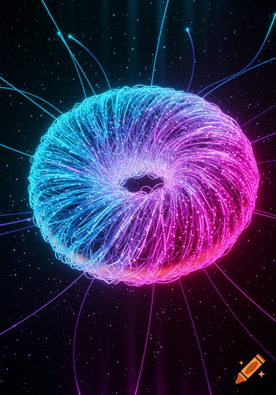 A glowing torus made of blue and pink fiber optic strands, radiating light in a dark, starry space.
