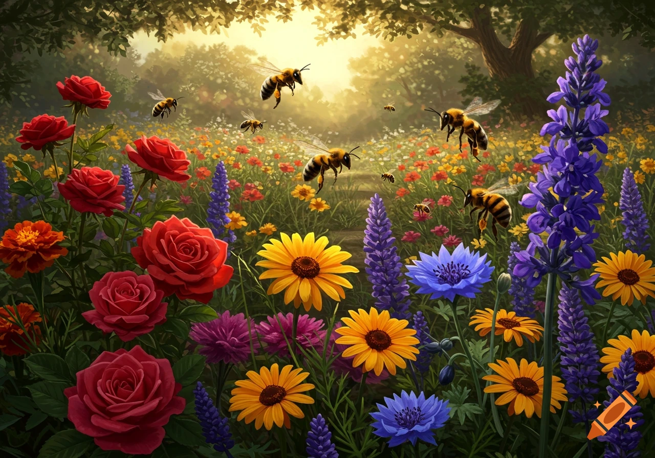 A vibrant flower garden with red roses, yellow sunflowers, purple lavender, and blue cornflowers, buzzing with honey bees in bright sunlight.