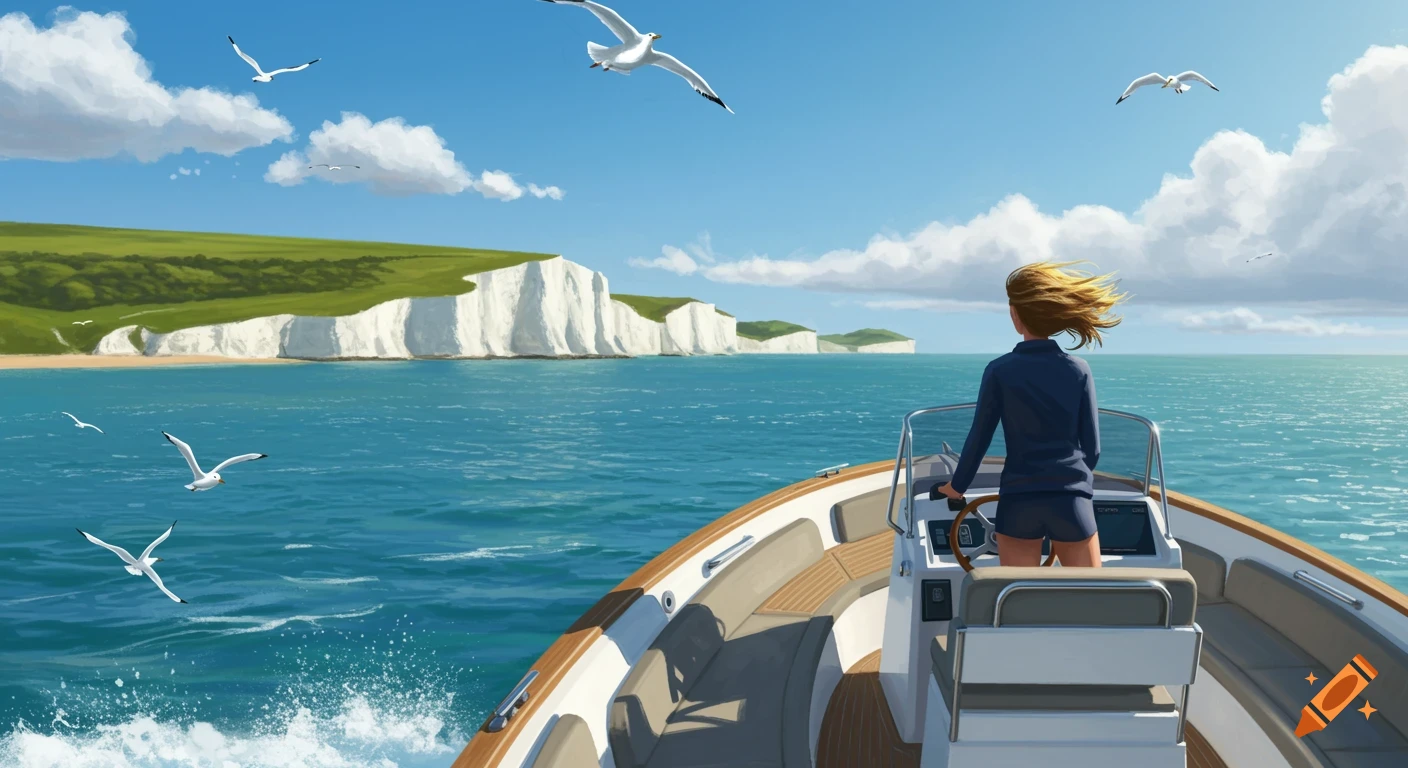A woman on a speedboat looks out at the ocean with white cliffs in the distance under a blue sky and seagulls flying.
