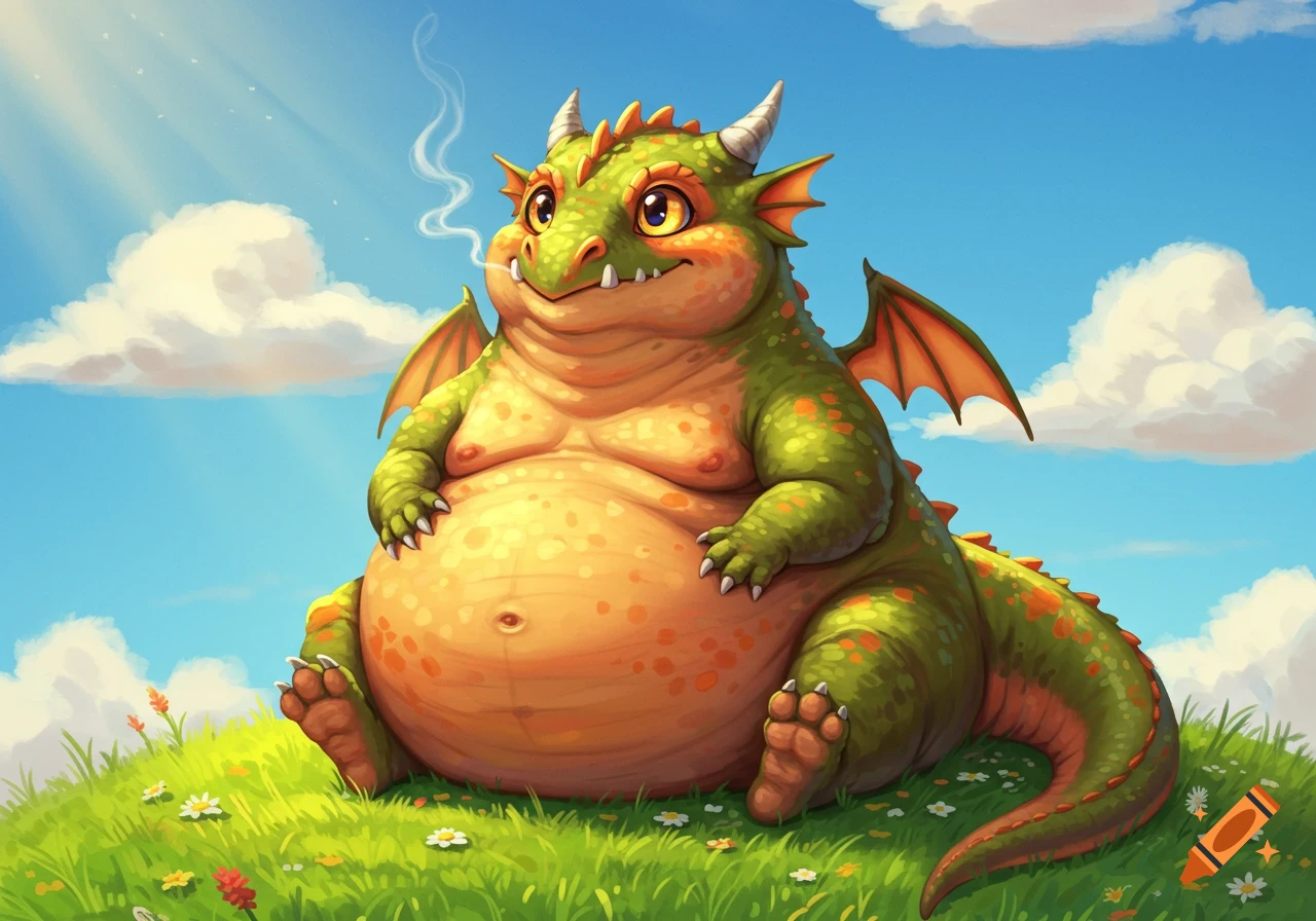 A cute, chonky green dragon with orange belly sits on a grassy hill under a blue sky, exhaling smoke.