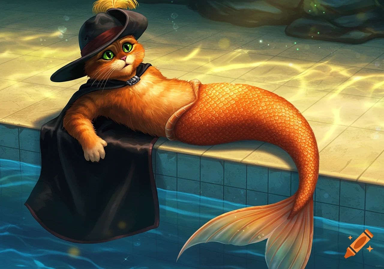 Puss in Boots as a mermaid, wearing a black cape and hat, lounging by the side of a swimming pool with an orange fish tail.