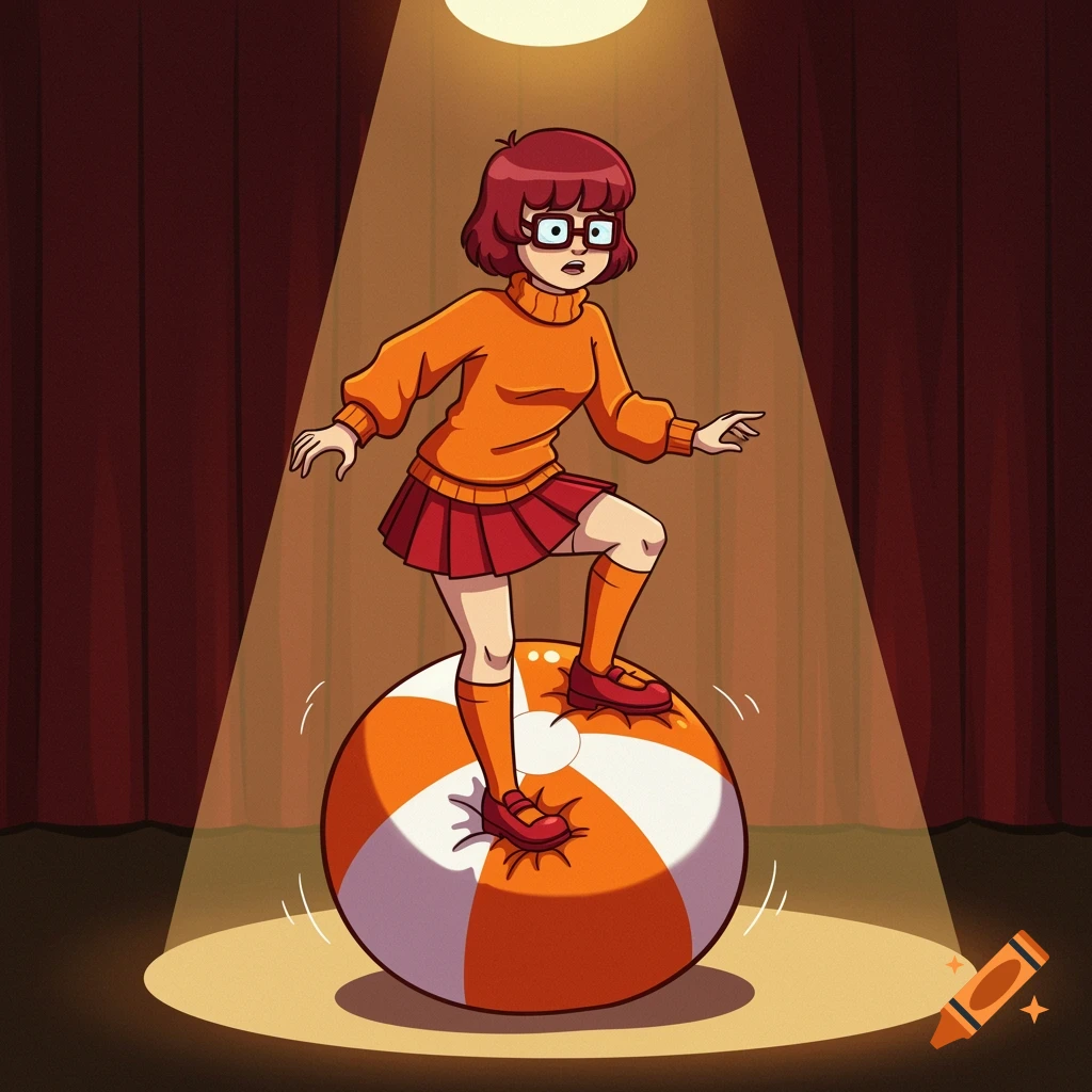 Velma Dinkley in her classic outfit anxiously balances on a squishy orange and white beach ball under a spotlight on a stage in a 2D cartoon style.