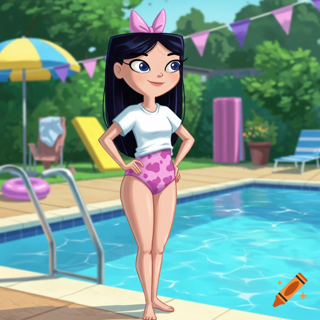 Isabella from Phineas and Ferb stands smiling by a swimming pool, wearing a white t-shirt and a pink swimsuit with a cow print.