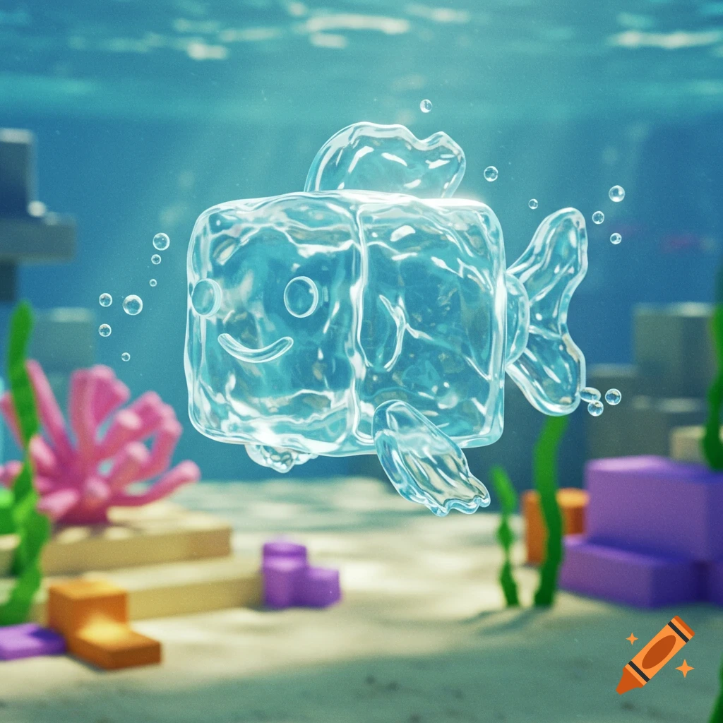 A cute, blocky fish made of water with a happy face swims in a stylized underwater world with colorful coral and plants.