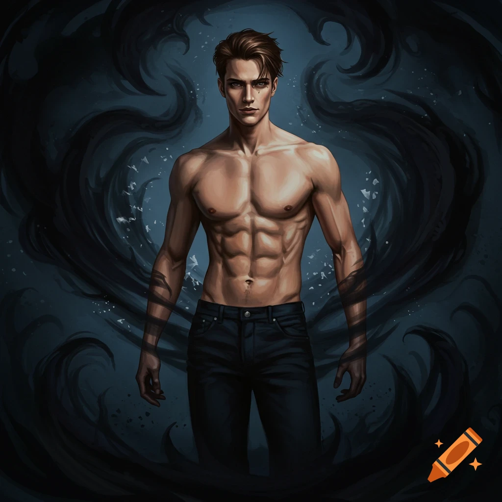 A muscular man with darkness swirling around him, in a stylized digital art style.