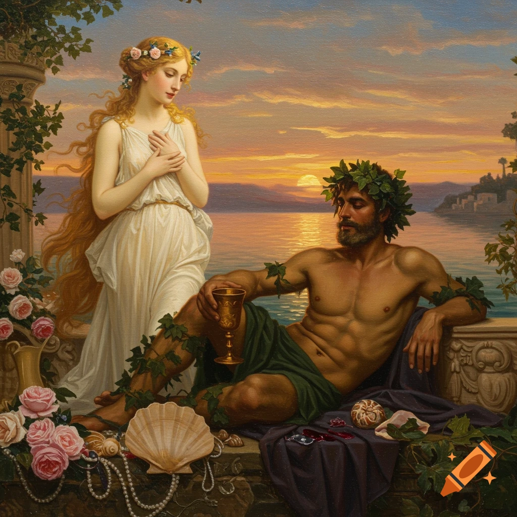 Classical oil painting of a woman in a white gown and a man with a laurel wreath by a sunset over a calm sea.