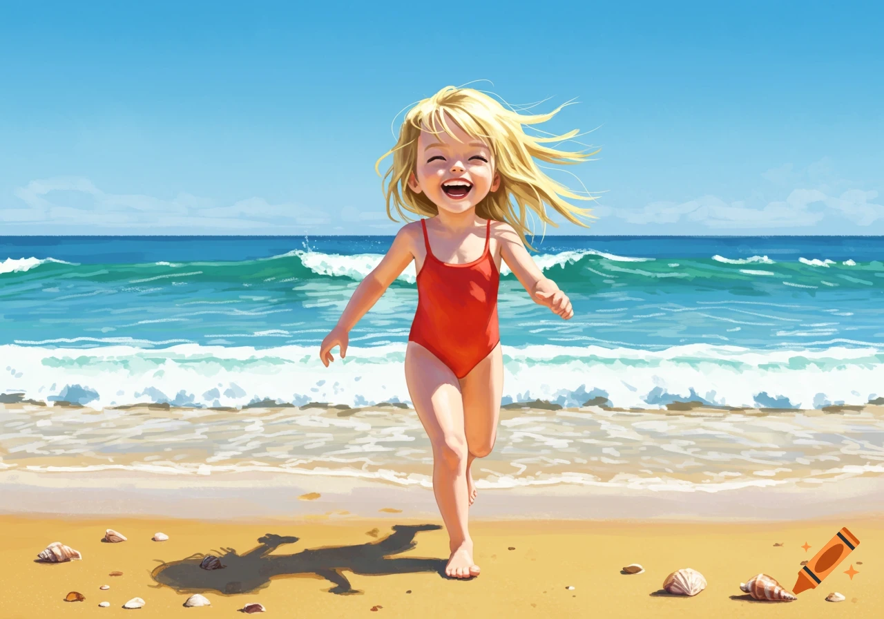 Happy blonde girl in a red swimsuit runs on a sunny beach with blue ocean waves, illustration style.