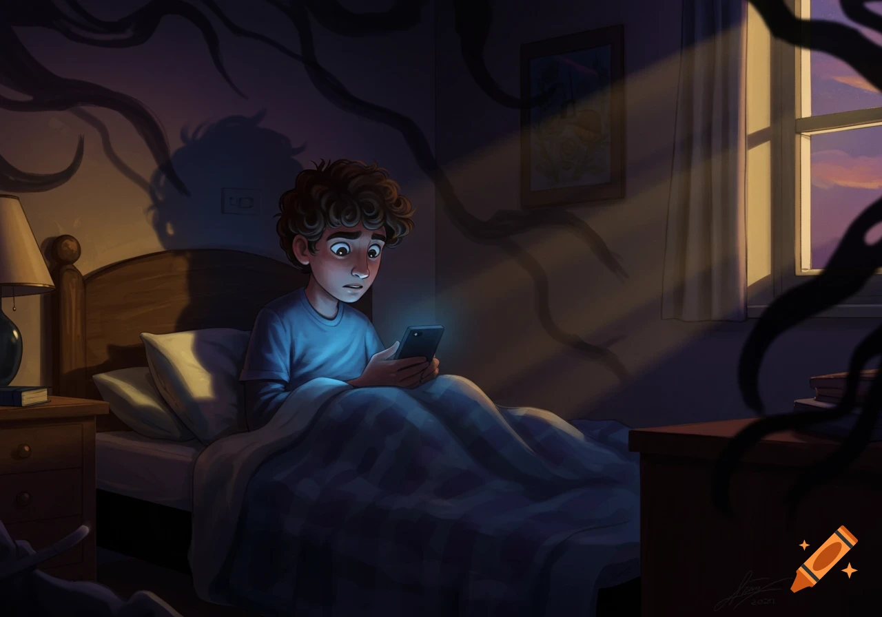 A scared boy lies in bed, looking at his phone, as shadowy figures creep around his dark bedroom in an animated style.