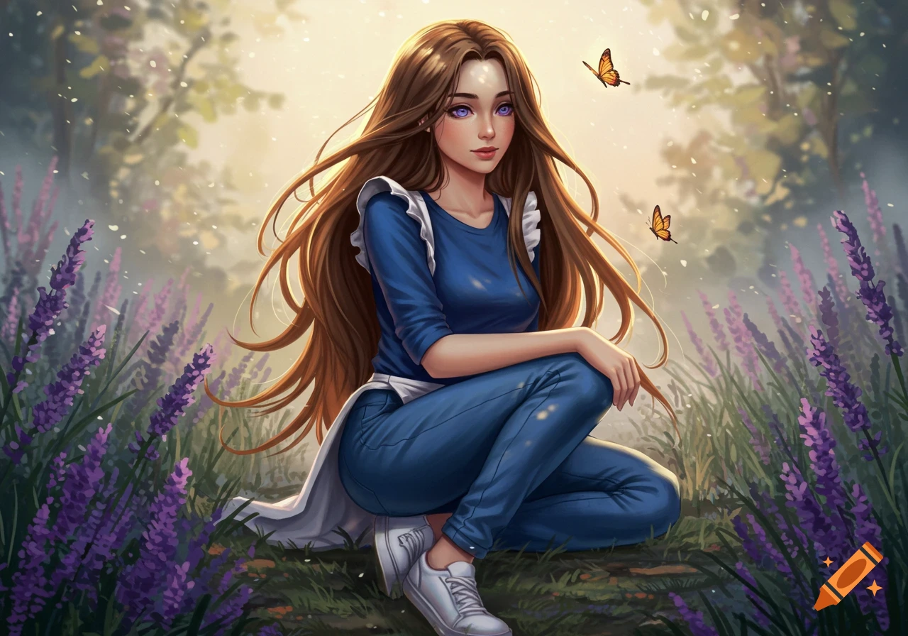 Digital art of a woman with long brown hair and violet eyes crouching in a field of purple lavender flowers with two butterflies.