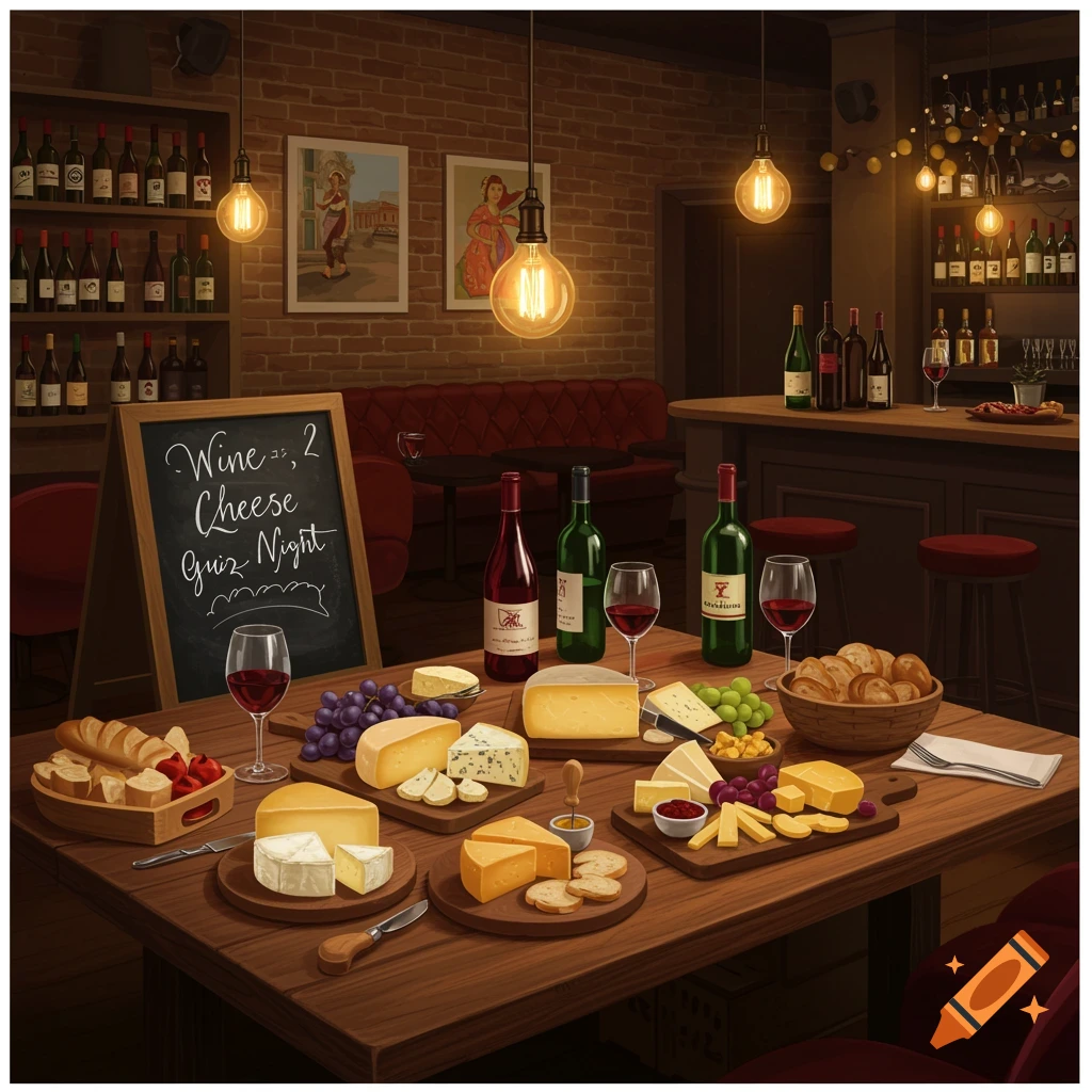 A cozy bar interior with a table full of cheese, bread, wine, and glasses, featuring a chalkboard sign for a 'Wine, Cheese, Quiz Night'.