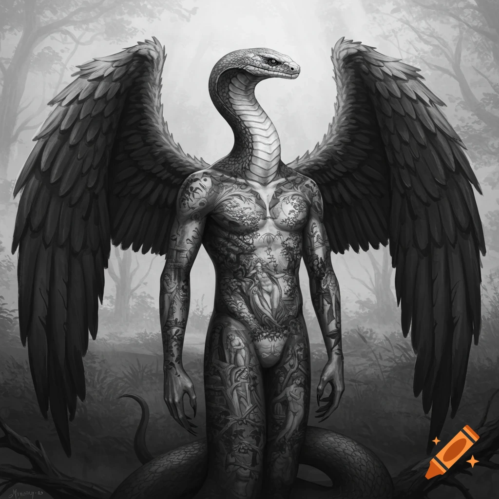 Black and white concept art of a winged man with a snake head, covered in intricate tattoos, standing in a foggy forest.