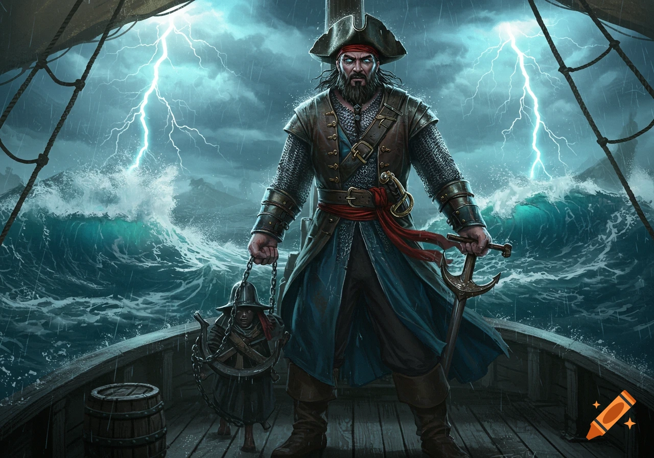 A bearded pirate in chainmail armor stands on a ship's deck during a lightning storm with large waves. He holds a small chained figure and an anchor-like sword.