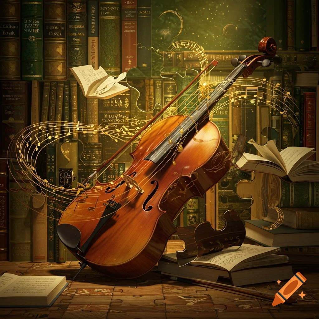 A violin with a bow and golden musical notes floating around it, set against a backdrop of old books and a patterned wooden surface with puzzle piece shapes.