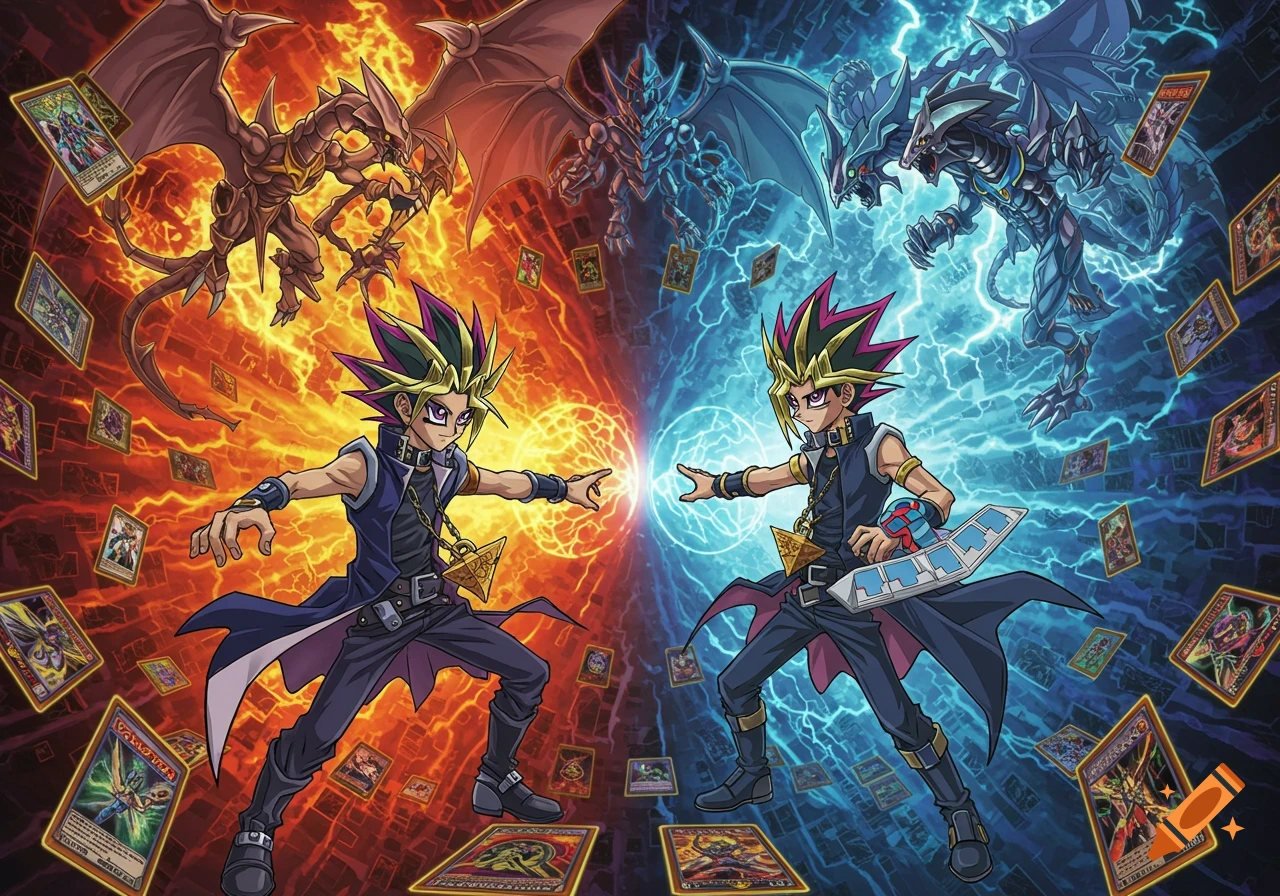 Anime illustration of two Yugi Muto characters in a red and blue energy split, with Yu-Gi-Oh! dragons and cards.