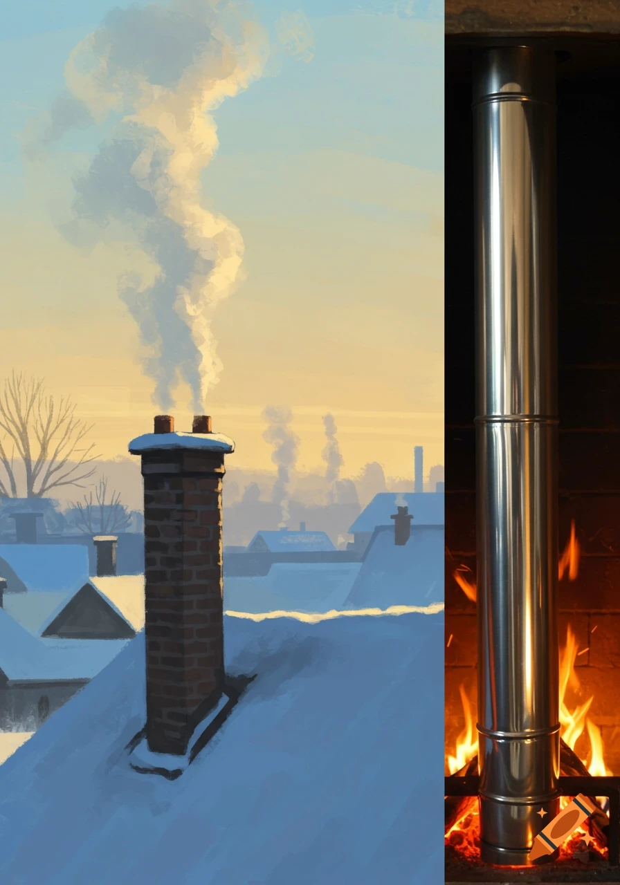 A split image showing a snow-covered roof with a smoking chimney on the left and a close-up of a metal fireplace pipe with burning fire on the right.