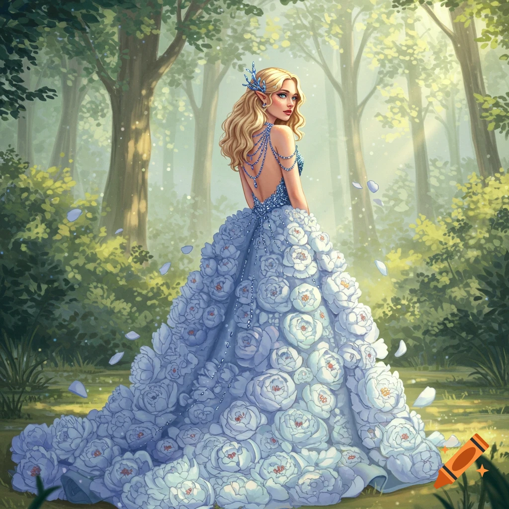 An elegant blonde woman with elf ears in a blue peony gown stands in a sunlit fantasy forest, looking over her shoulder.