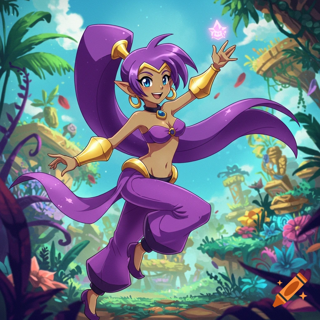 Anime character Shantae jumping in a purple outfit, reaching for a star in a vibrant jungle setting.