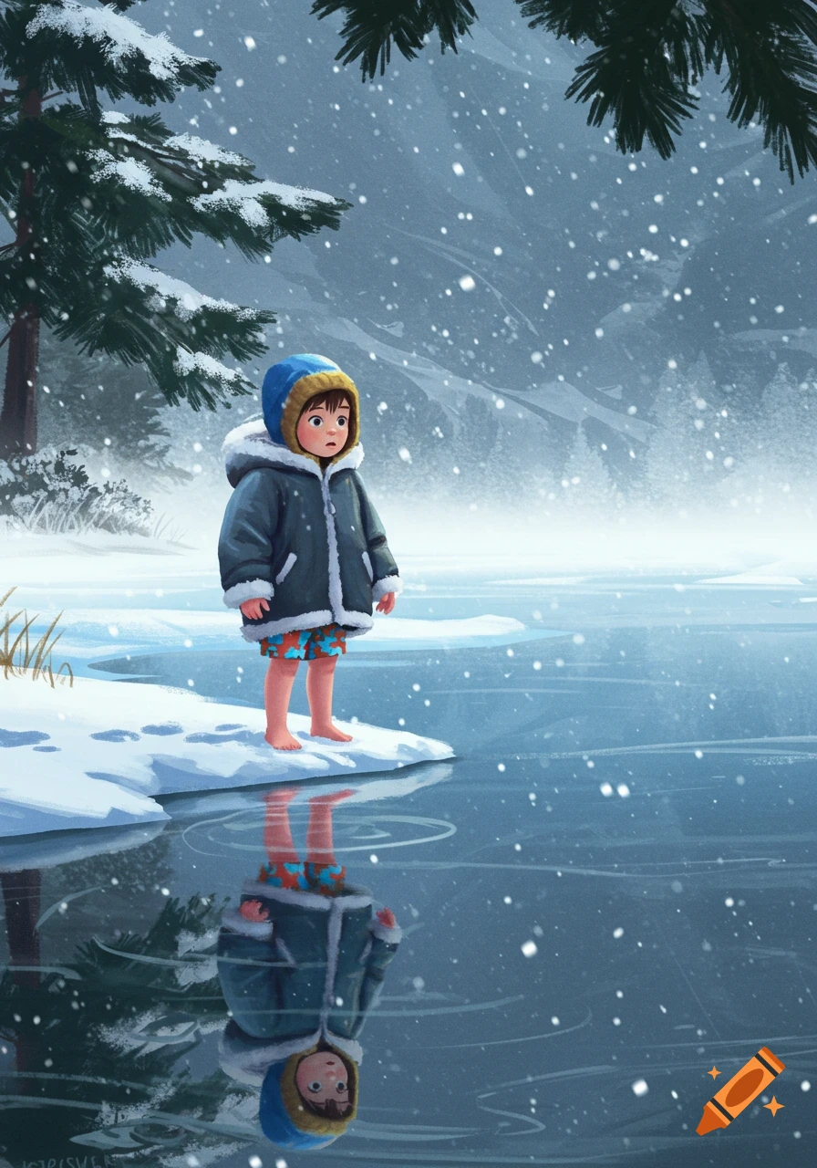 An illustration of a small boy in a winter coat and swimsuit, standing barefoot by a snowy lake with falling snow.