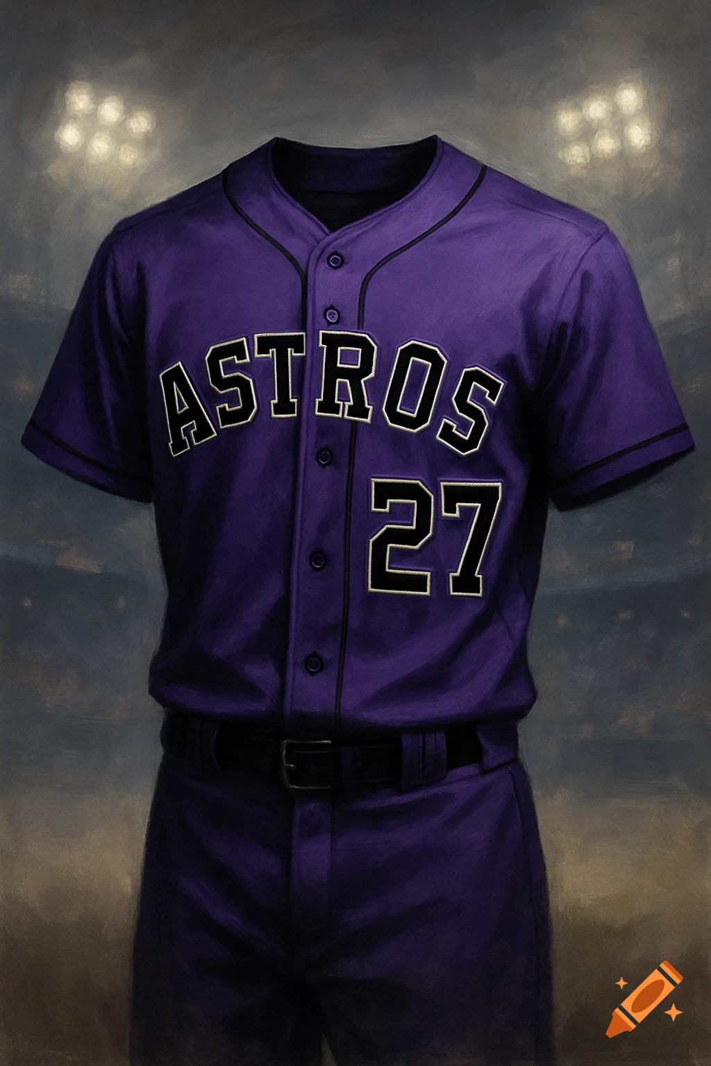 A purple baseball jersey with 'ASTROS' and the number '27' in black with white trim. Stadium lights in background.