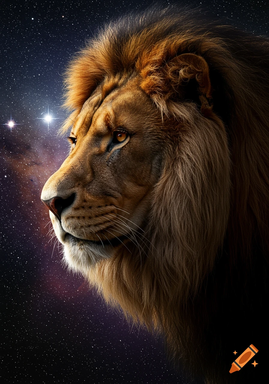 A majestic lion in profile against a starry space background with vibrant nebulae.