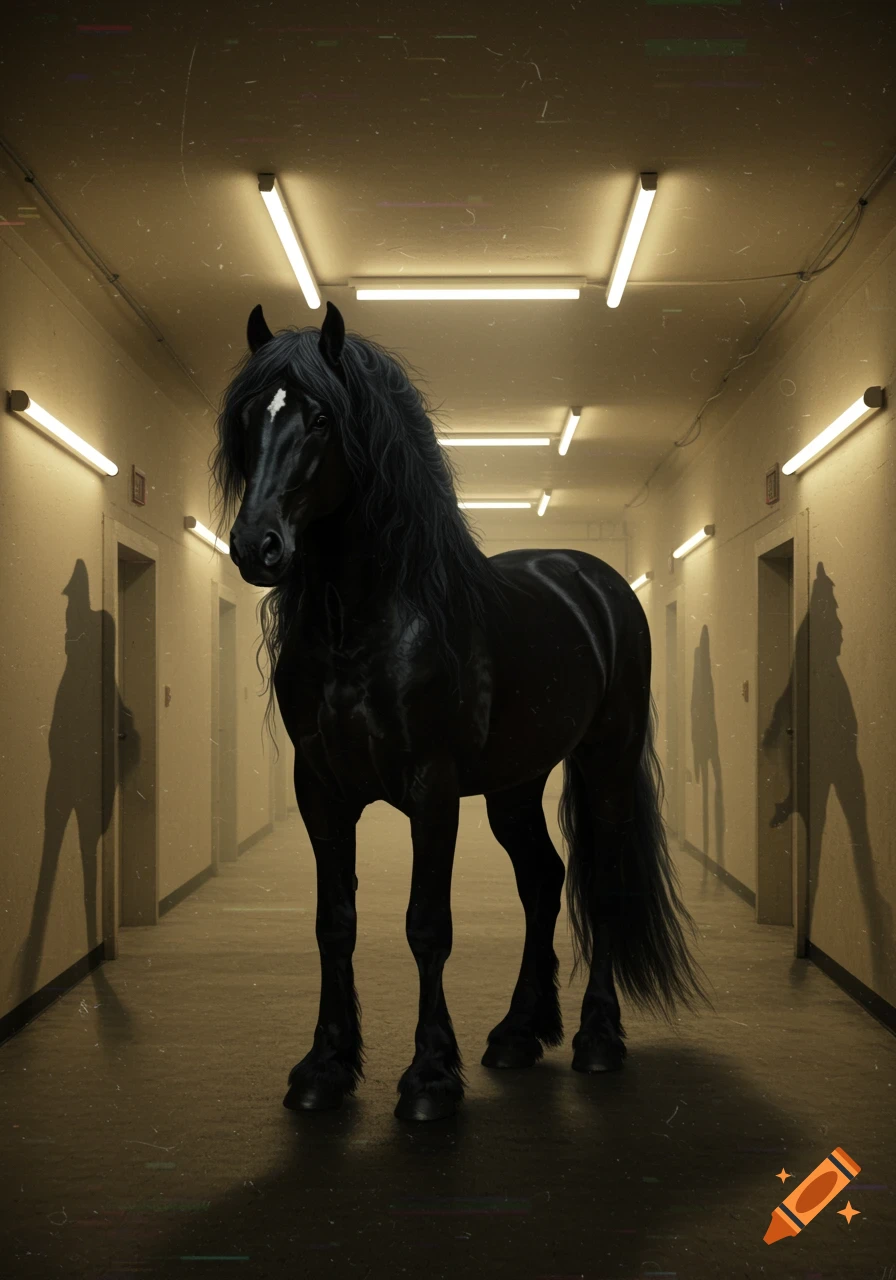 A majestic black horse stands in the middle of a long, dimly lit hallway with fluorescent lights on the ceiling and shadows of figures on the walls.